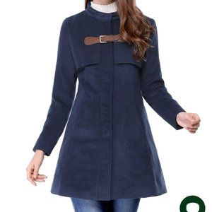 Allegra K Women's Stand Collar Zip up Flare Winter Mid Length Overcoat - XS